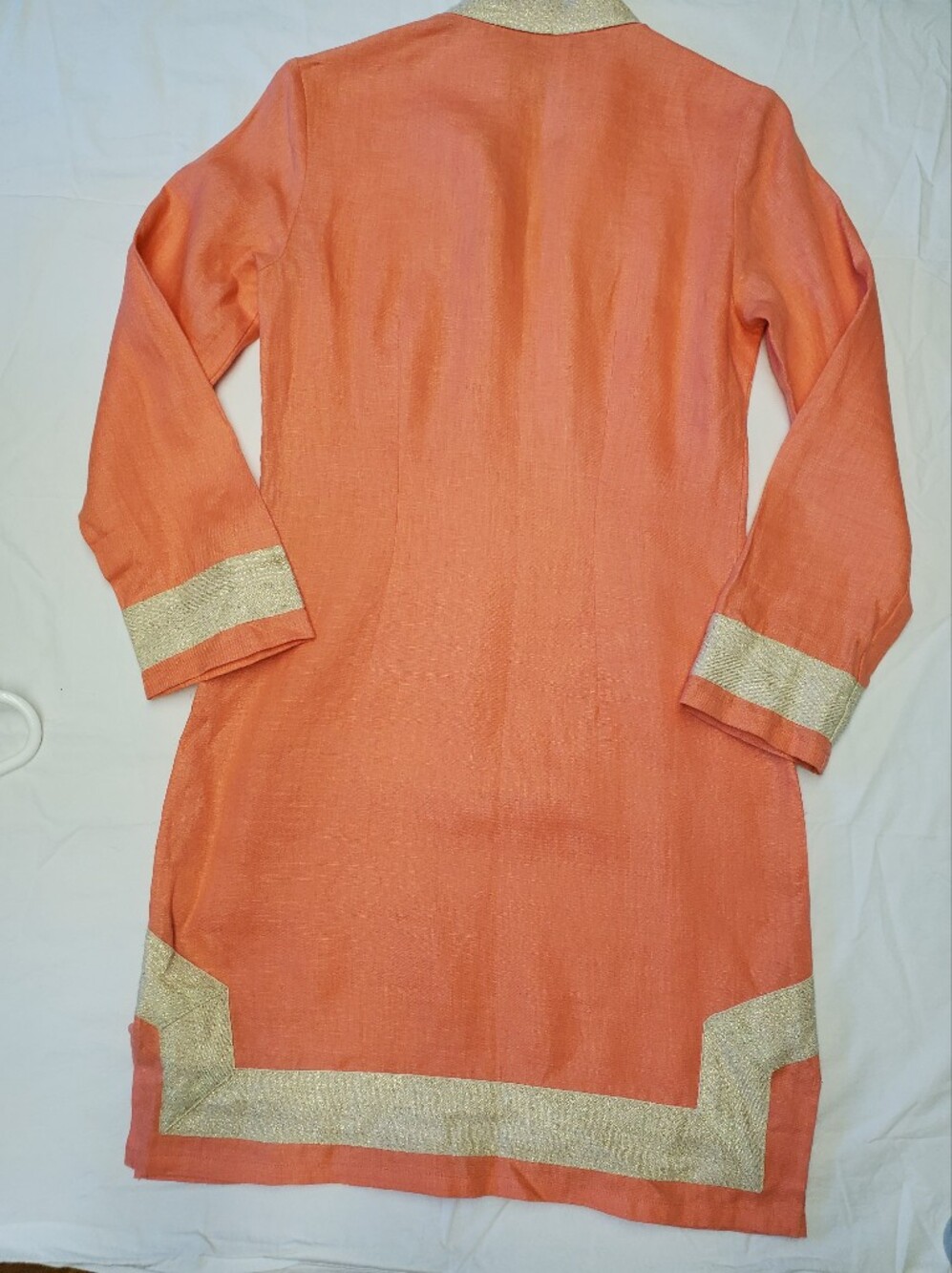 Sail to Sable Linen Tunic Dress XXS Coral Gold Metallic Trim Long Sleeve Mini - Picture 8 of 9